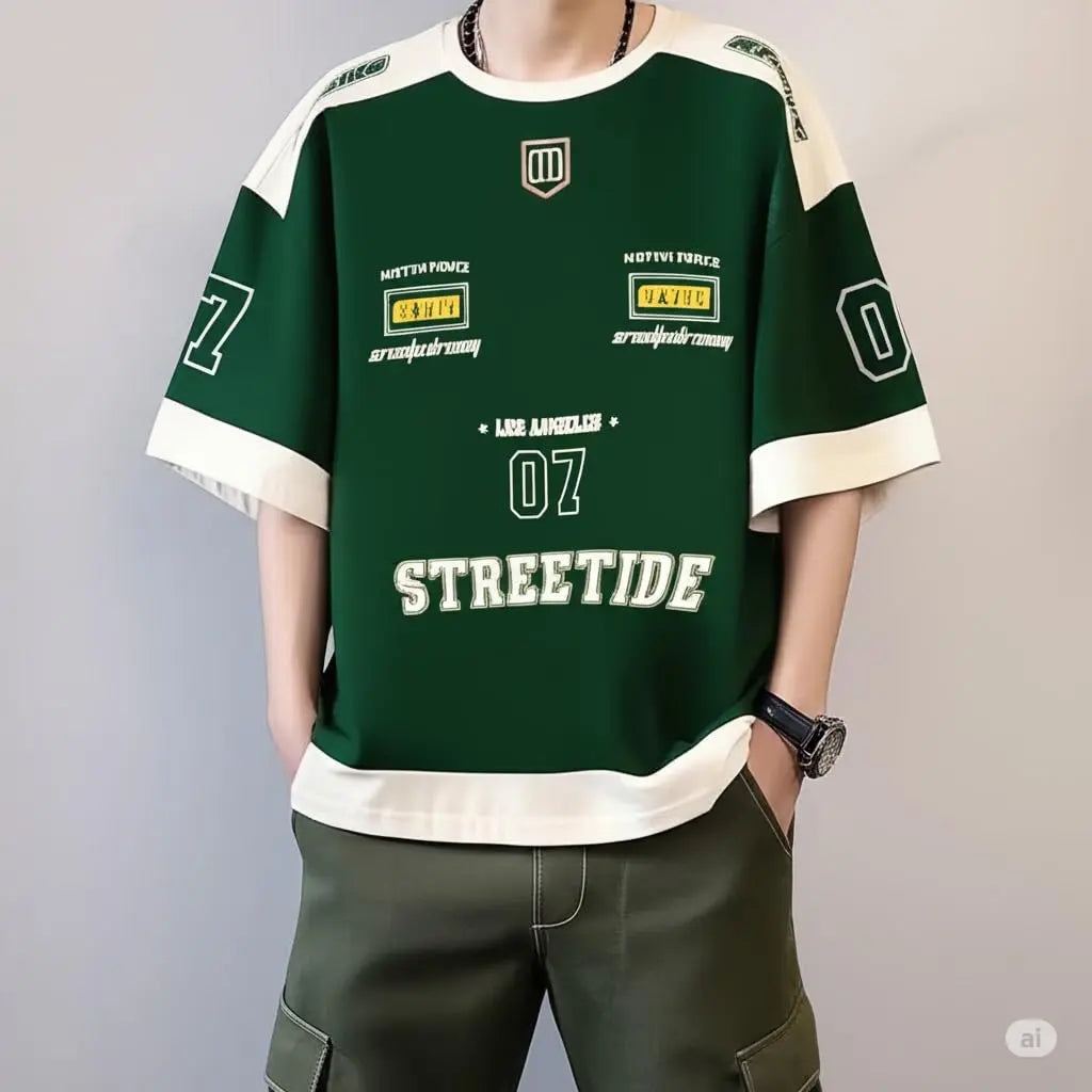 THALASI Men Cotton Jersey Aesthetic Oversized T shirt for Men | Sports Jerseys T-shirts & Half Sleeve Round Neck Printed Tshirt for Men - Down Shoulder Loose & Baggy Fit Korean T shirts for Man & Boys - DripAndTrip