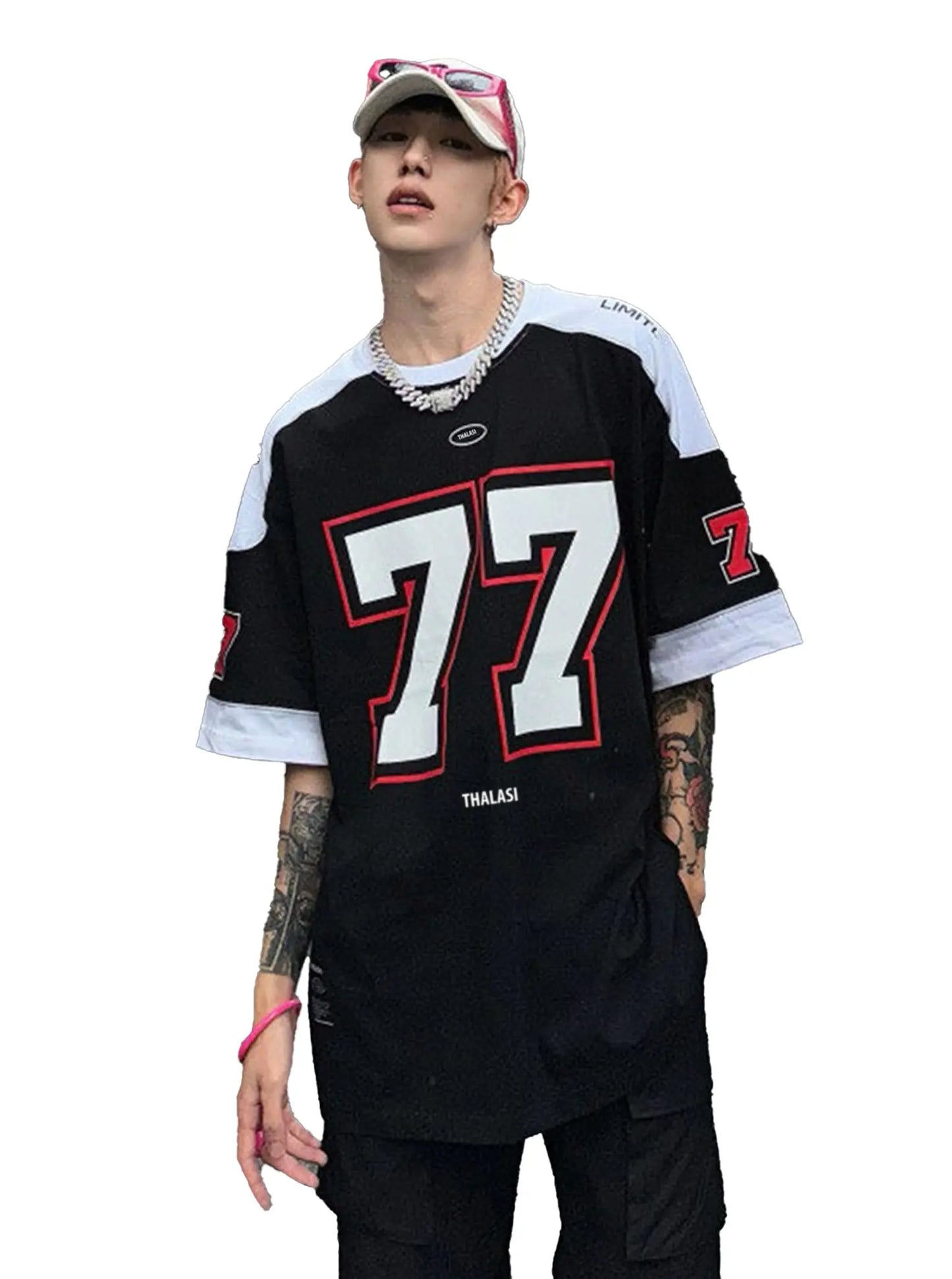 THALASI Men Cotton Jersey Aesthetic Oversized T shirt for Men | Sports Jerseys T-shirts & Half Sleeve Round Neck Printed Tshirt for Men - Down Shoulder Loose & Baggy Fit Korean T shirts for Man & Boys - DripAndTrip