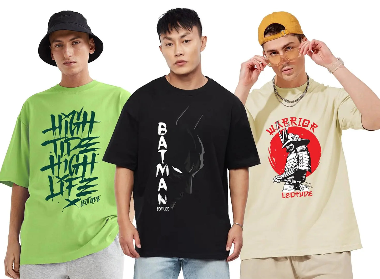 LEOTUDE Men's Cotton Oversized Fit Half Sleeve Oversized Printed T-Shirt, Round Neck Longline Drop Shoulder | ful Printed Combo T-Shirt (Pack of 3) - DripAndTrip