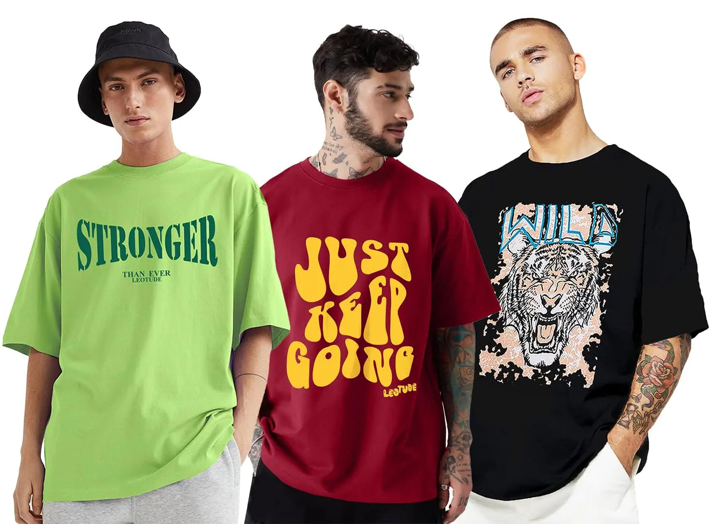 LEOTUDE Men's Cotton Oversized Fit Half Sleeve Oversized Printed T-Shirt, Round Neck Longline Drop Shoulder | ful Printed Combo T-Shirt (Pack of 3) - DripAndTrip