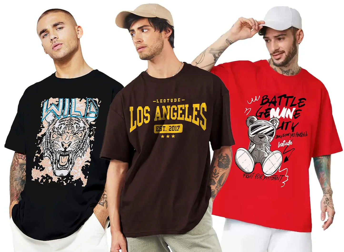 LEOTUDE Men's Cotton Oversized Fit Half Sleeve Oversized Printed T-Shirt, Round Neck Longline Drop Shoulder | ful Printed Combo T-Shirt (Pack of 3) - DripAndTrip