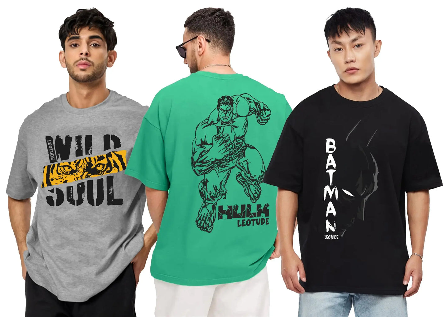 LEOTUDE Men's Cotton Oversized Fit Half Sleeve Oversized Printed T-Shirt, Round Neck Longline Drop Shoulder | ful Printed Combo T-Shirt (Pack of 3) - DripAndTrip