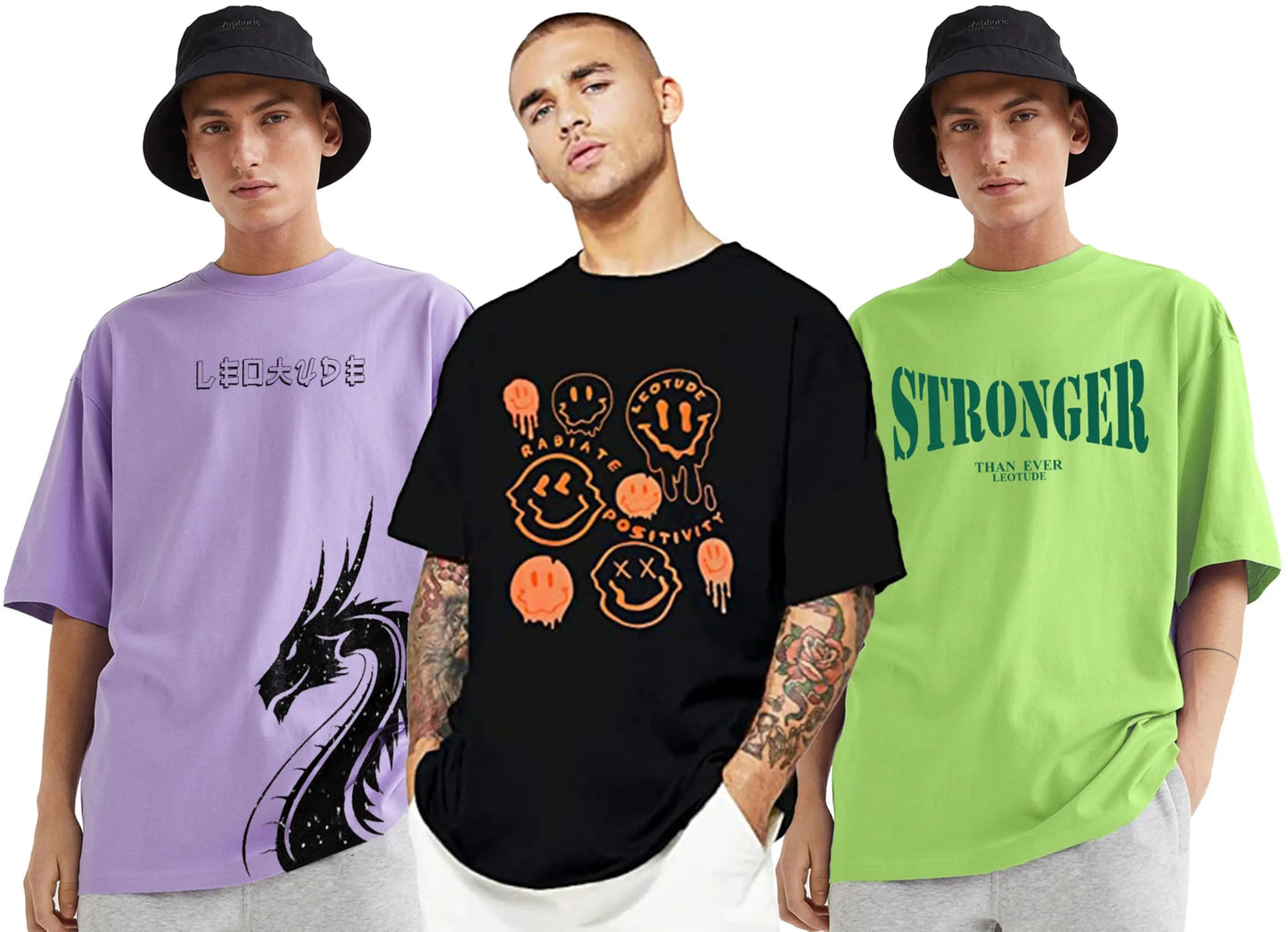 LEOTUDE Men's Cotton Oversized Fit Half Sleeve Oversized Printed T-Shirt, Round Neck Longline Drop Shoulder | ful Printed Combo T-Shirt (Pack of 3) - DripAndTrip