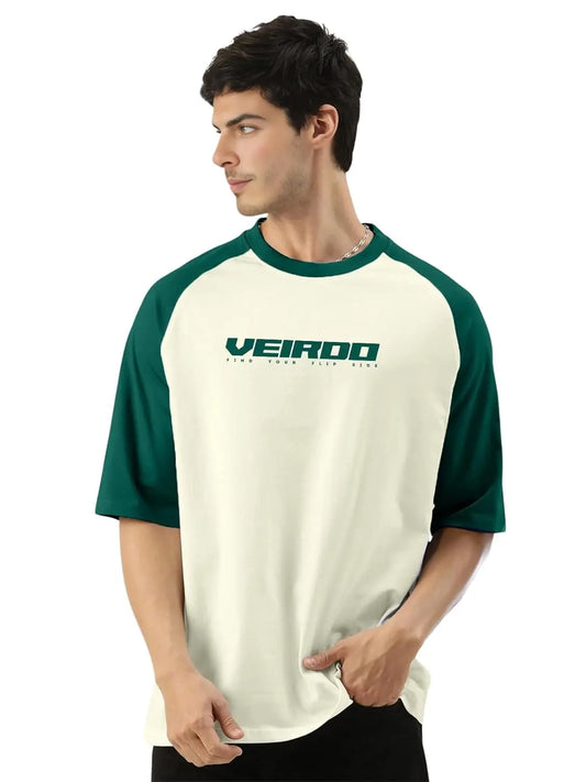 Veirdo® 100% Pure Cotton Oversized Loose Baggy Fit Drop Shoulder Round Neck Cool Front Chest Typographic Logo Printed Raglan Sleeve T-Shirt for Men (Colors: White, Black, Swanwhite, Beige & Grey) - DripAndTrip