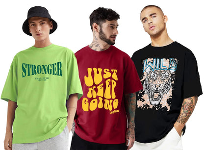 LEOTUDE Men's Cotton Oversized Fit Half Sleeve Oversized Printed T-Shirt, Round Neck Longline Drop Shoulder | ful Printed Combo T-Shirt (Pack of 3) - DripAndTrip