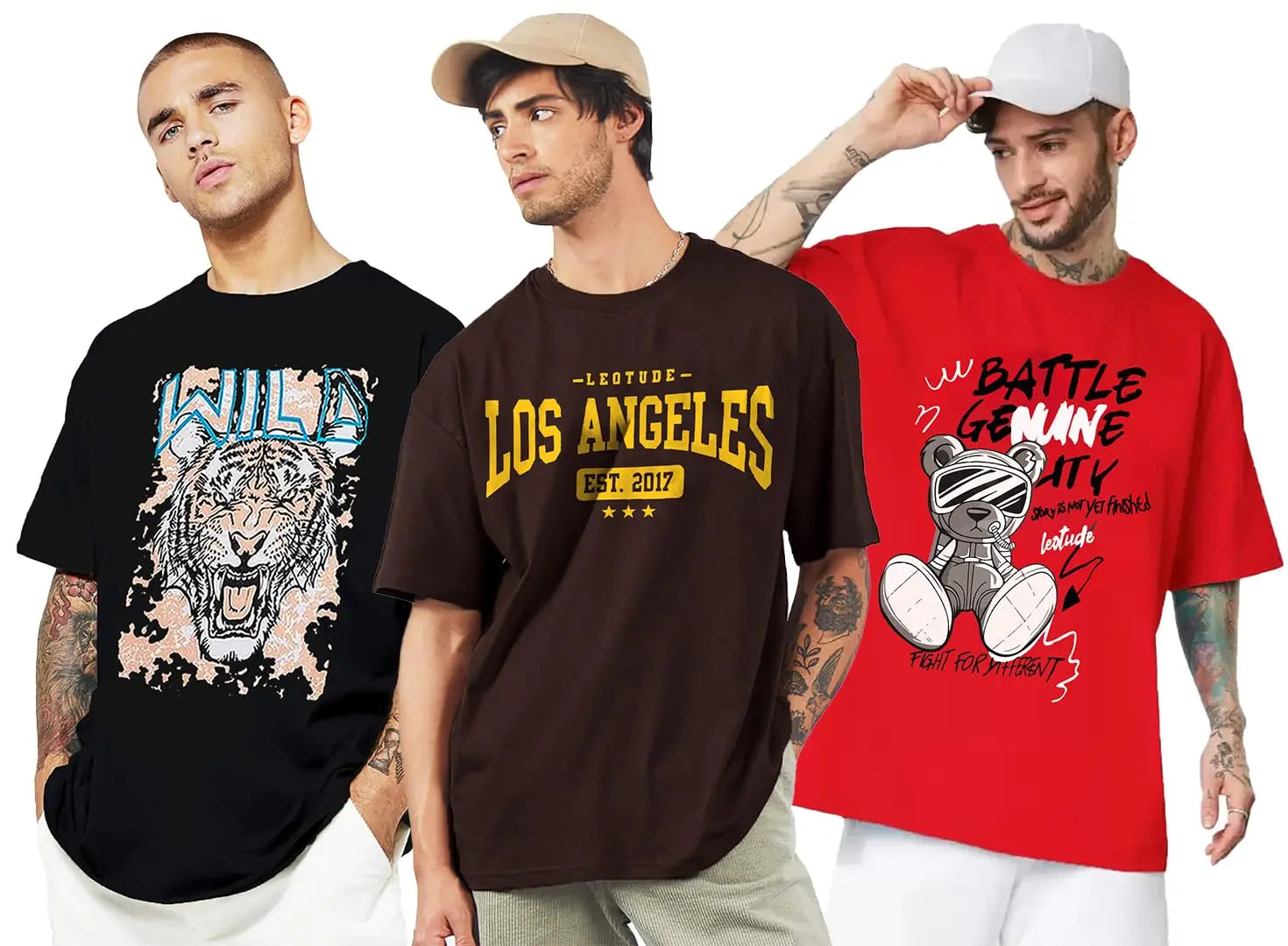 LEOTUDE Men's Cotton Oversized Fit Half Sleeve Oversized Printed T-Shirt, Round Neck Longline Drop Shoulder | ful Printed Combo T-Shirt (Pack of 3) - DripAndTrip