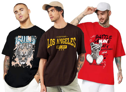 LEOTUDE Men's Cotton Oversized Fit Half Sleeve Oversized Printed T-Shirt, Round Neck Longline Drop Shoulder | ful Printed Combo T-Shirt (Pack of 3) - DripAndTrip