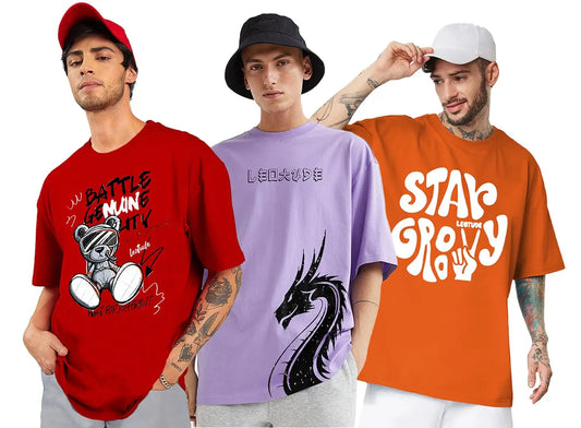 LEOTUDE Men's Cotton Oversized Fit Half Sleeve Oversized Printed T-Shirt, Round Neck Longline Drop Shoulder | ful Printed Combo T-Shirt (Pack of 3) - DripAndTrip